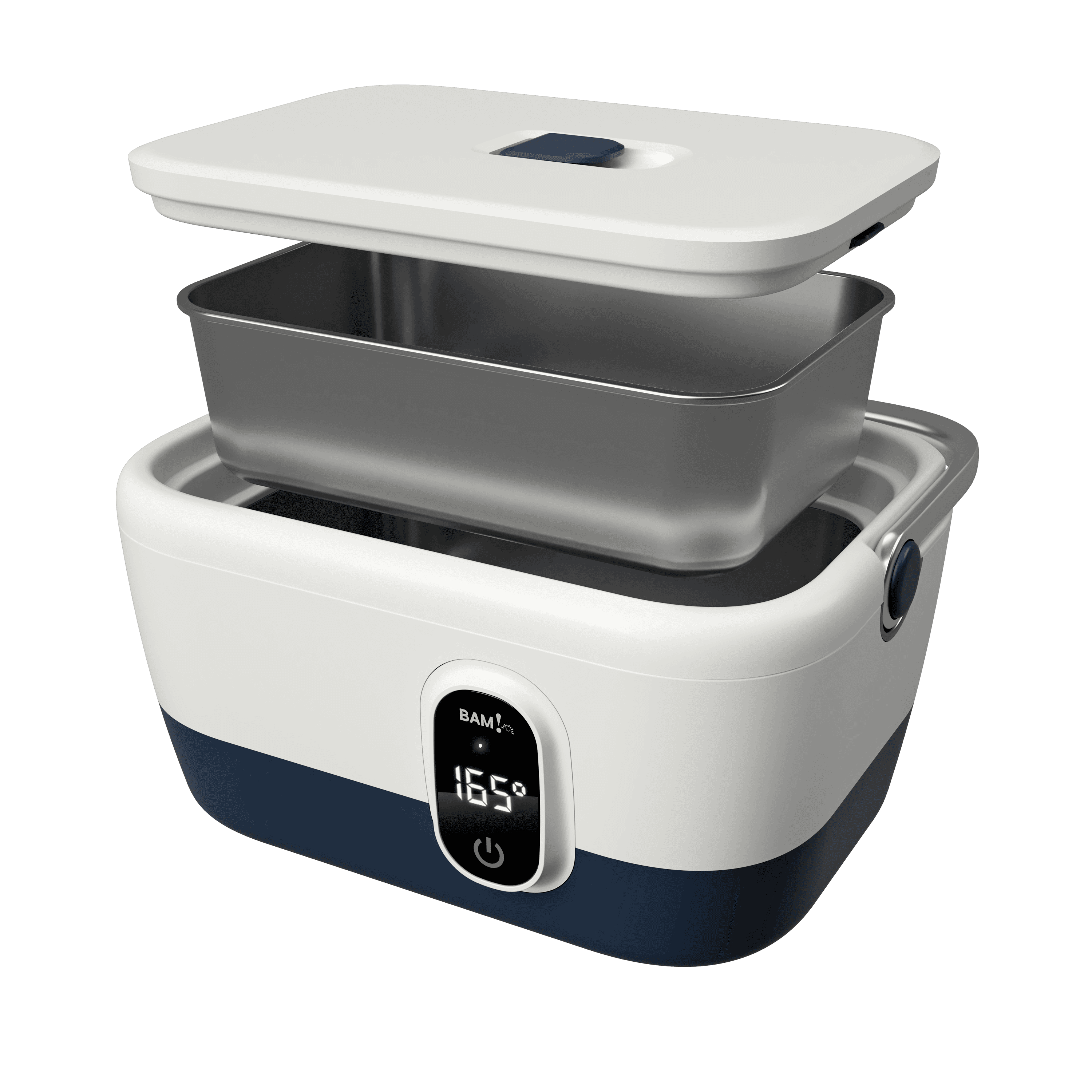 BAM! container opened — lid lifted to reveal stainless steel inner tray